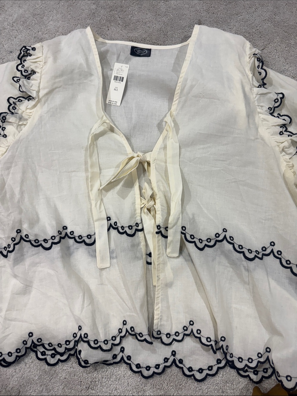 Lucky Brand White Peasant Tie-Front Blouse with Navy Embroidery